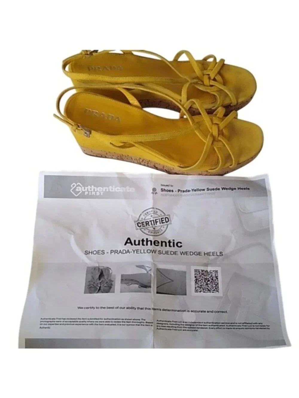 Prada Women's Golden Yellow Suede Cork Wedge Heels, 38 or size 7.5